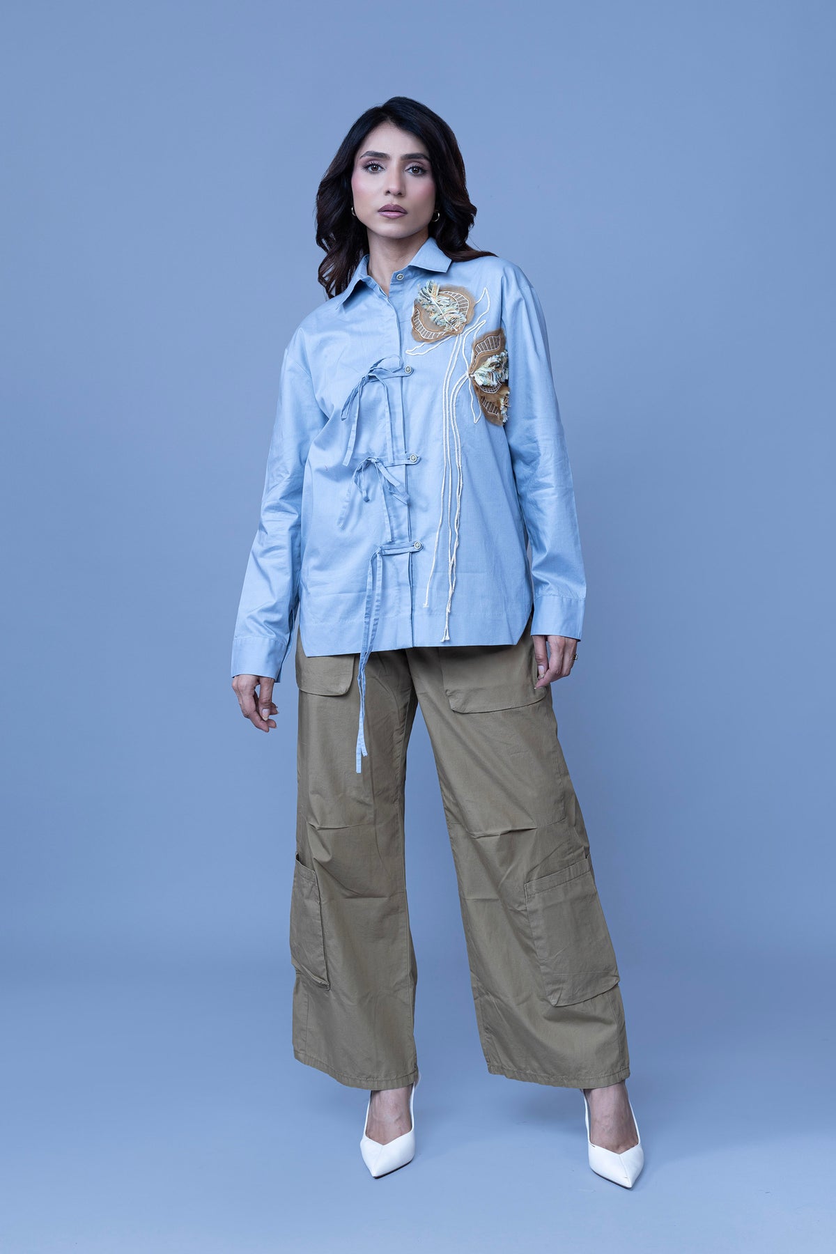 POWDER BLUE COLOR SHIRT WITH POPPY FLOWER EMBROIDERY