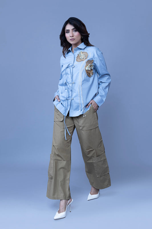 POWDER BLUE COLOR SHIRT WITH POPPY FLOWER EMBROIDERY