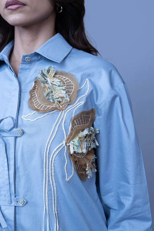 POWDER BLUE COLOR SHIRT WITH POPPY FLOWER EMBROIDERY