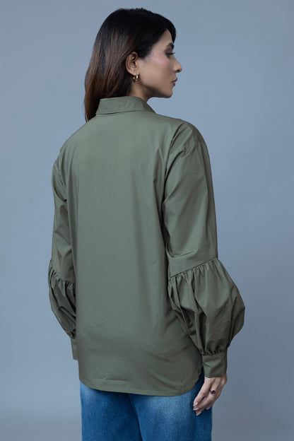 OLIVE GREEN ABSTRACT EMBROIDERED SHIRT