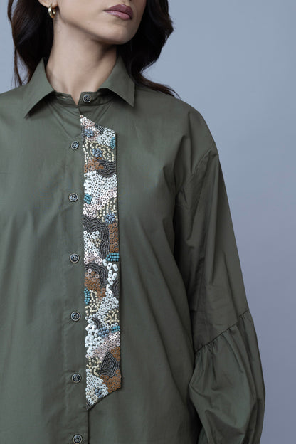 OLIVE GREEN ABSTRACT EMBROIDERED SHIRT