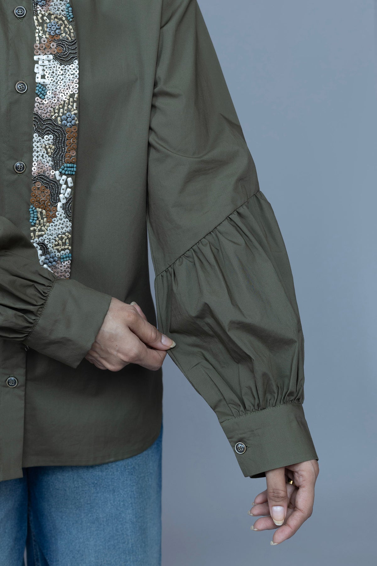 OLIVE GREEN ABSTRACT EMBROIDERED SHIRT