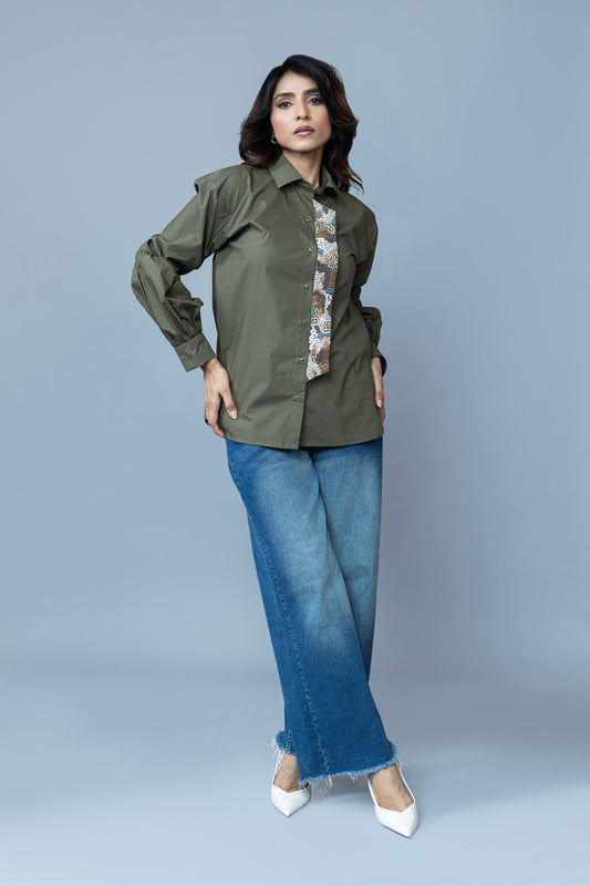 OLIVE GREEN ABSTRACT EMBROIDERED SHIRT