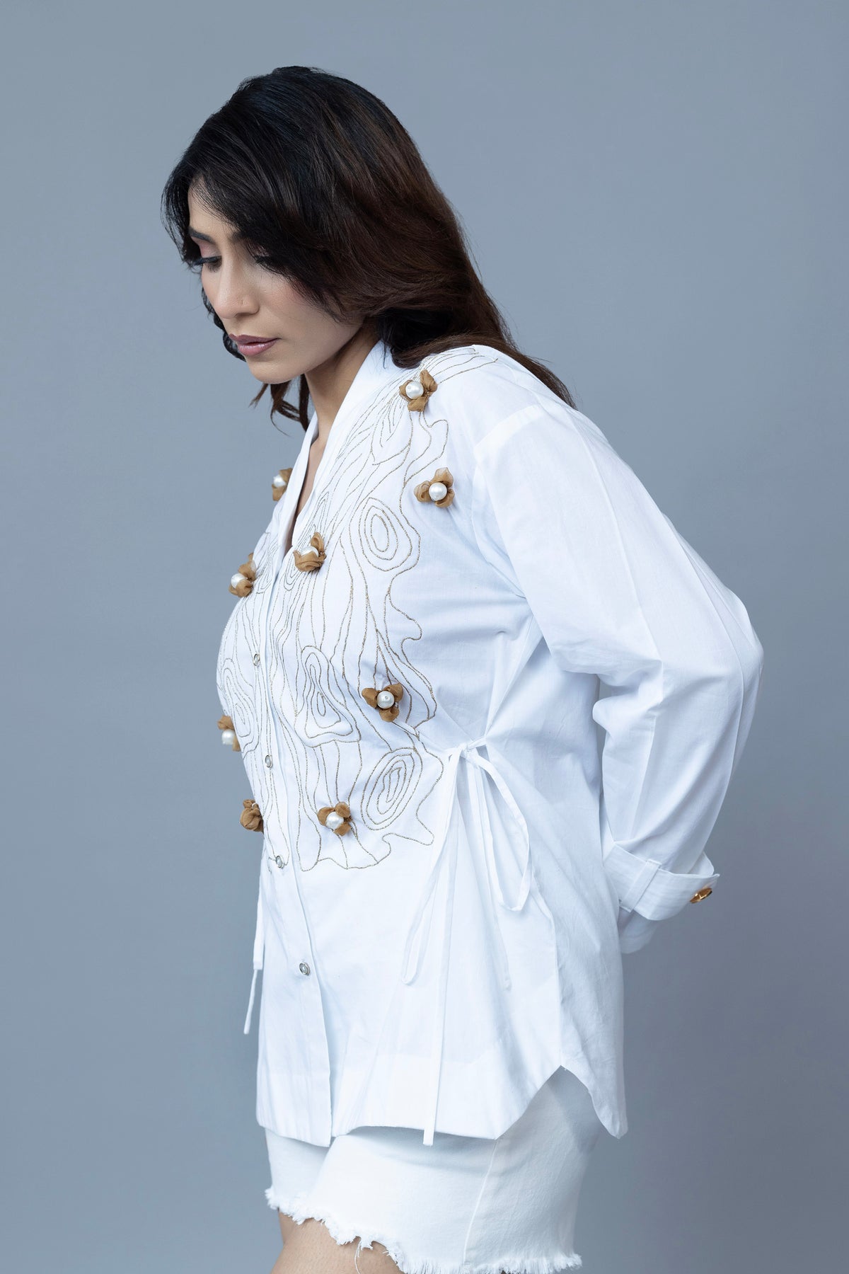 WHITE COLOR SHIRT WITH BEIGE LINE AND PEARL FLOWER EMBROIDEREY
