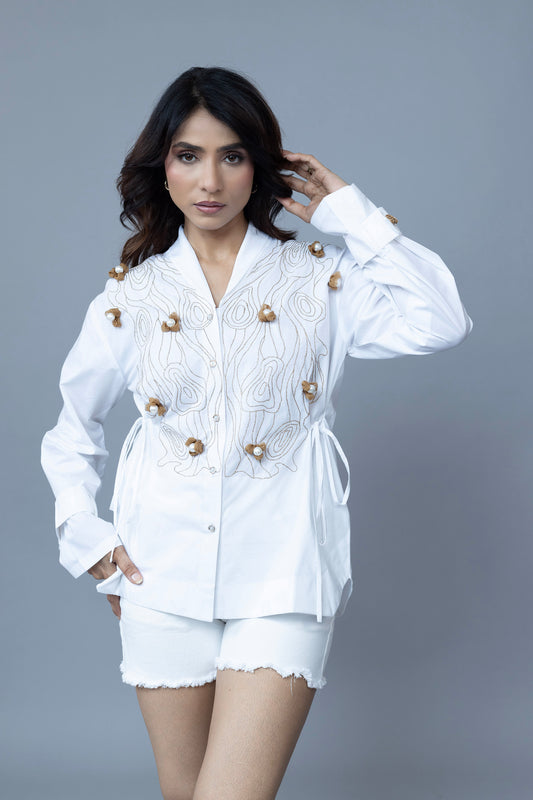 WHITE COLOR SHIRT WITH BEIGE LINE AND PEARL FLOWER EMBROIDEREY