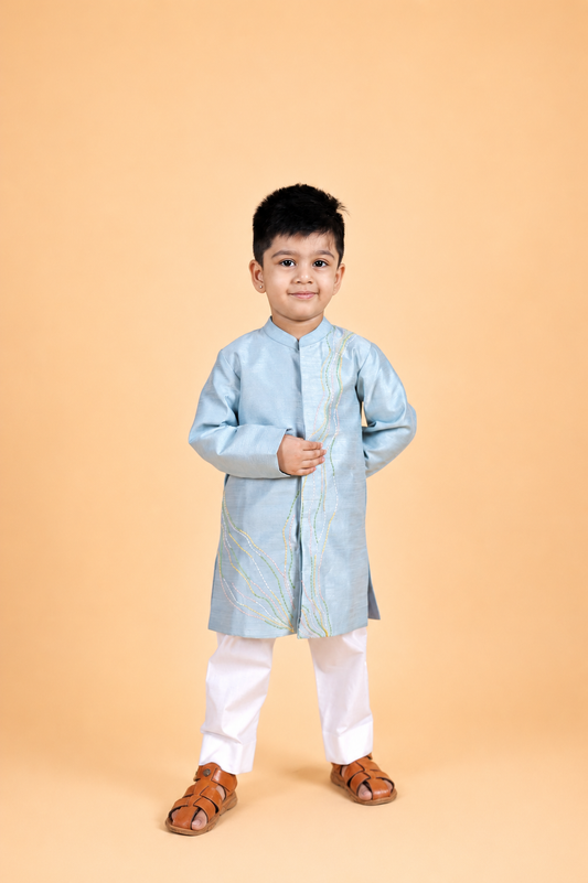 ICE BLUE  EMBROIDERED SHERWANI PAIRED WITH PYJAMA FOR BOYS