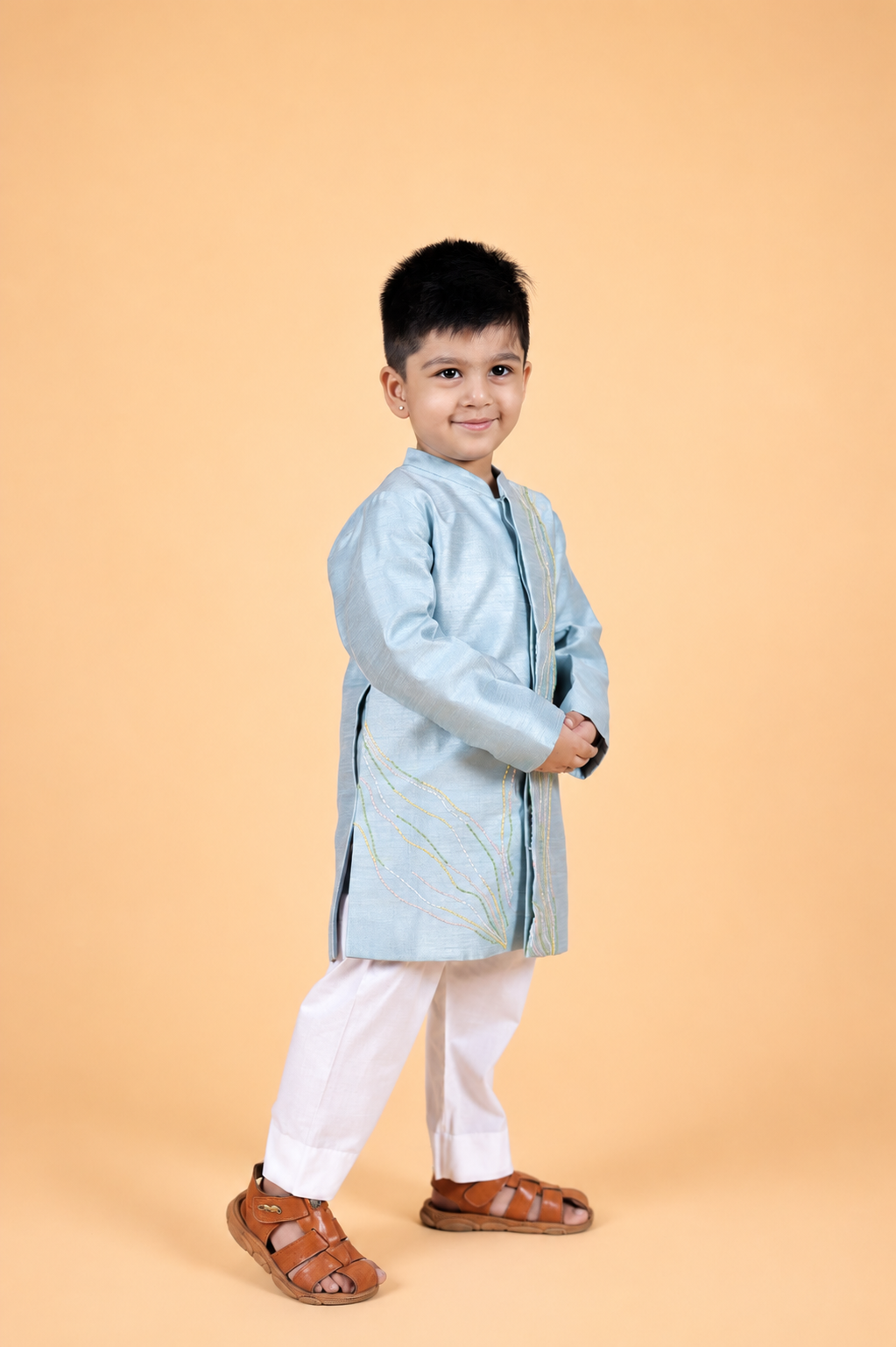 ICE BLUE  EMBROIDERED SHERWANI PAIRED WITH PYJAMA FOR BOYS