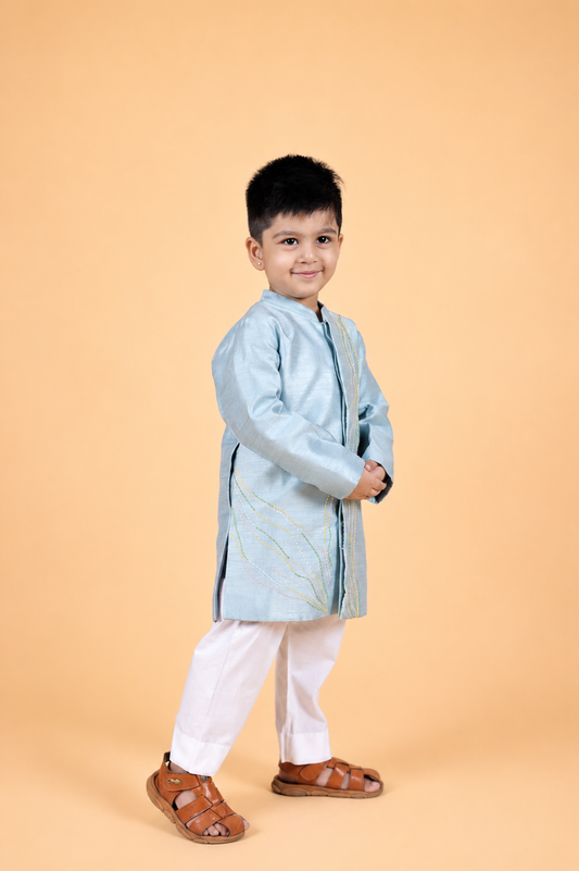 ICE BLUE  EMBROIDERED SHERWANI PAIRED WITH PYJAMA FOR BOYS