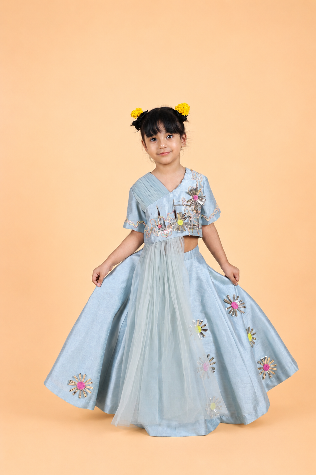 ICE BLUE 3D EMBROIDERED DRAPED BLOUSE PAIRED WITH LEHENGA SET FOR GIRLS