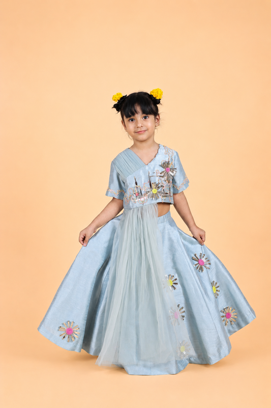 ICE BLUE 3D EMBROIDERED DRAPED BLOUSE PAIRED WITH LEHENGA SET FOR GIRLS