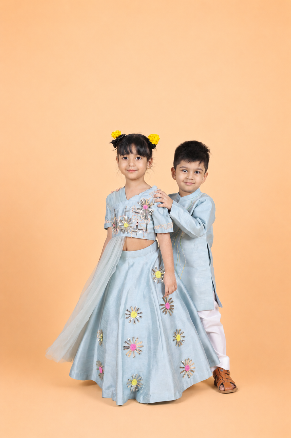 ICE BLUE 3D EMBROIDERED DRAPED BLOUSE PAIRED WITH LEHENGA SET FOR GIRLS