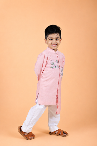 BABY PINK EMBROIDERED KURTA PAIRED WITH PYJAMA SET FOR BOYS