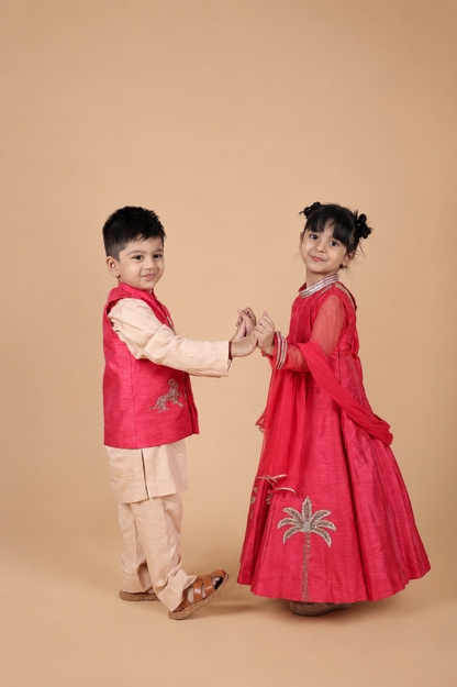 RED EMBROIDERED BANDI PARED WITH CHAMPANGE COLOUR KURTA PYJAMA SET FOR BOYS