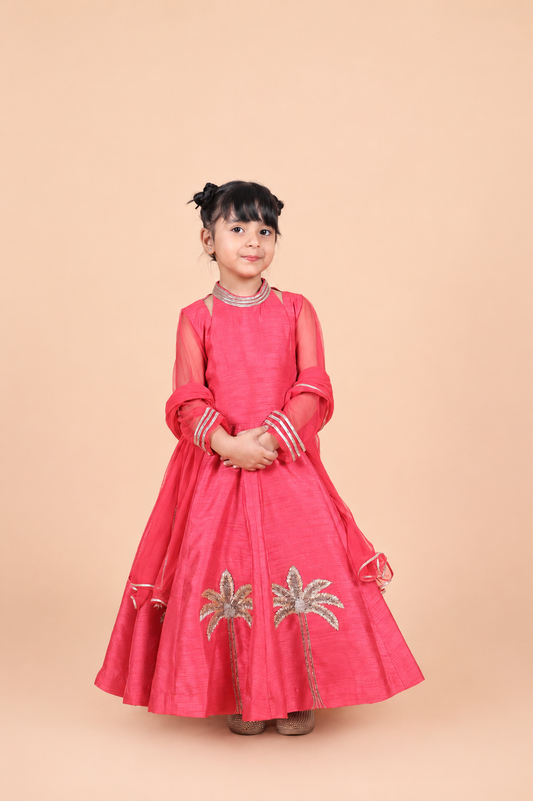 RED EMBROIRED ANARKALI PAIRED  WITH DUPATTA SET FOR GIRLS