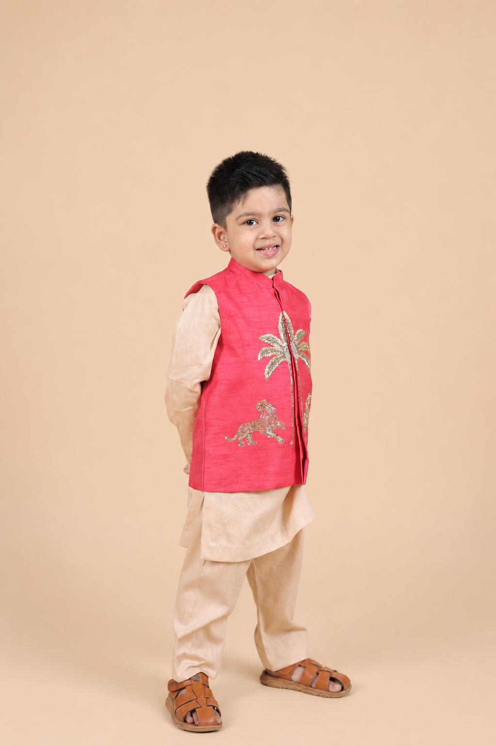 RED EMBROIDERED BANDI PARED WITH CHAMPANGE COLOUR KURTA PYJAMA SET FOR BOYS
