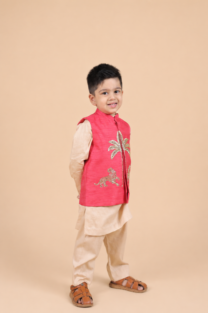 RED EMBROIDERED BANDI PARED WITH CHAMPANGE COLOUR KURTA PYJAMA SET FOR BOYS