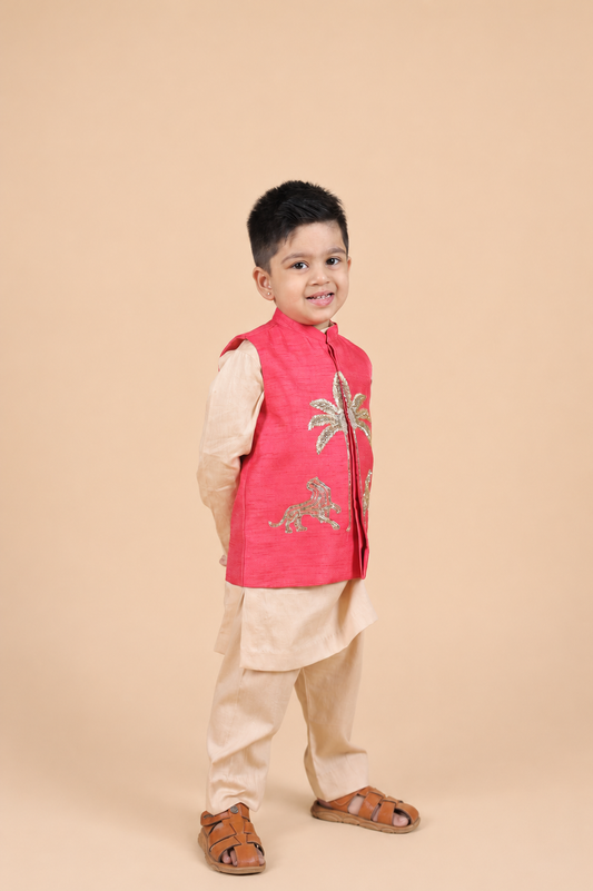 RED EMBROIDERED BANDI PARED WITH CHAMPANGE COLOUR KURTA PYJAMA SET FOR BOYS