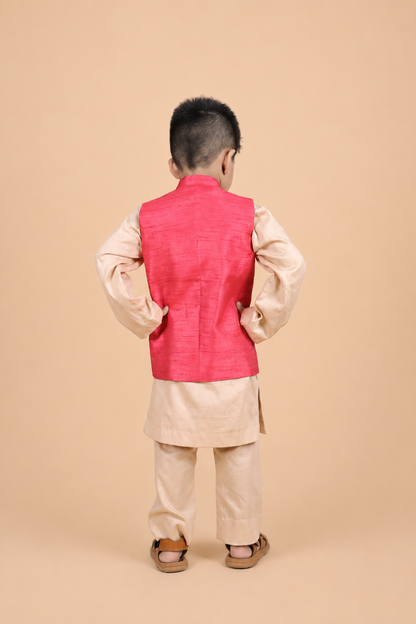RED EMBROIDERED BANDI PARED WITH CHAMPANGE COLOUR KURTA PYJAMA SET FOR BOYS