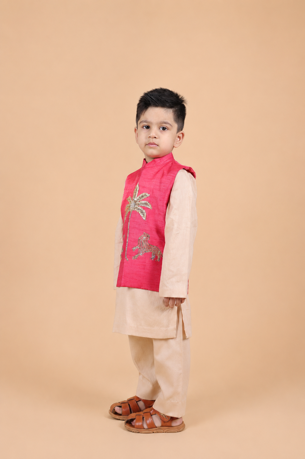 RED EMBROIDERED BANDI PARED WITH CHAMPANGE COLOUR KURTA PYJAMA SET FOR BOYS