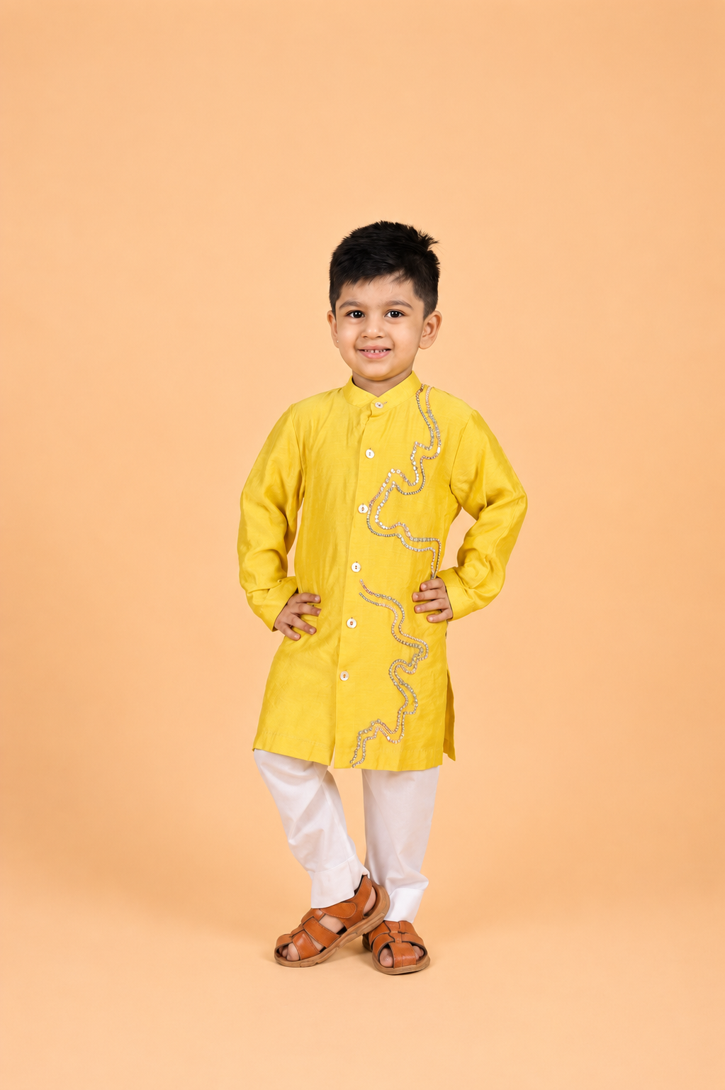 YELLOW  EMBROIRED KURTA PYJAMA SET FOR BOYS