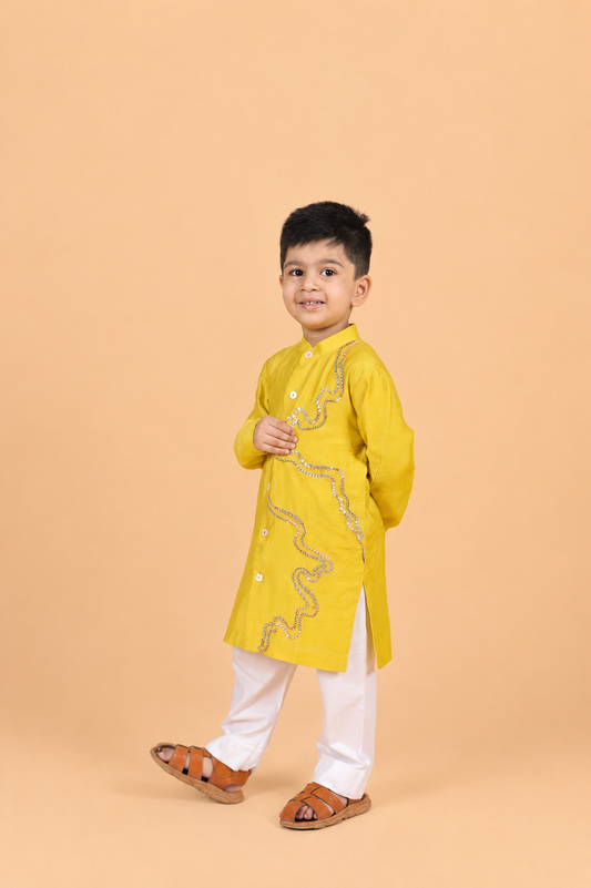 YELLOW  EMBROIRED KURTA PYJAMA SET FOR BOYS