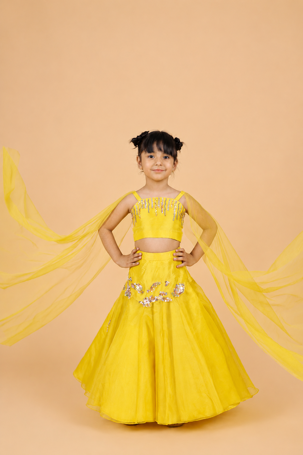 YELLOW EMBROIDERED LEHENGA CHOLI WITH ATTACHED DUPPATA SET FOR GIRLS