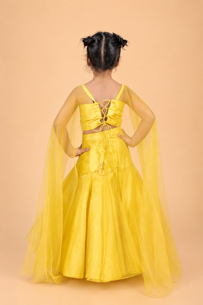 YELLOW EMBROIDERED LEHENGA CHOLI WITH ATTACHED DUPPATA SET FOR GIRLS