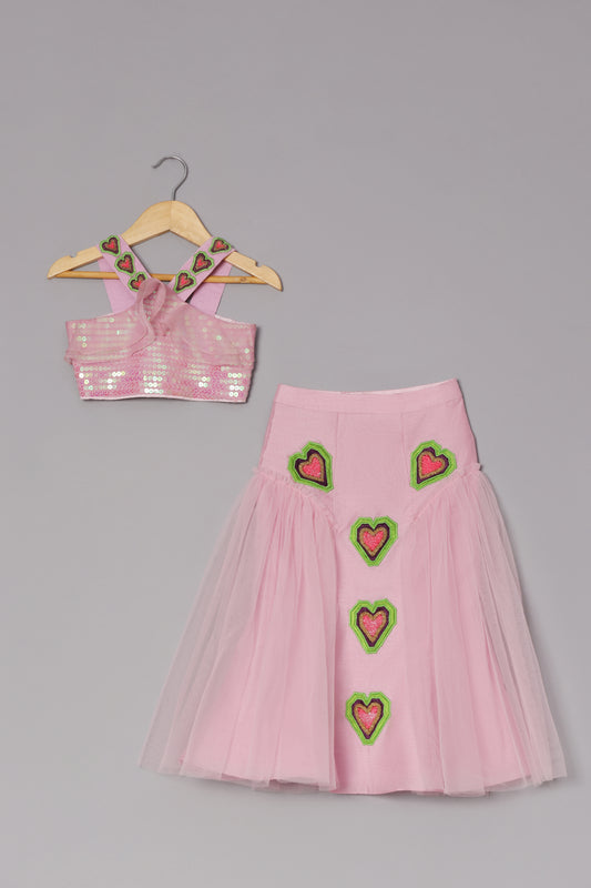 Lilac Pink Dupion Silk Embroidered Heart Applique Work Blouse And Lehenga Set