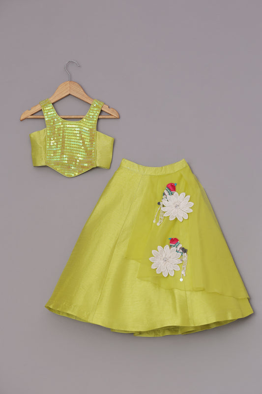 Sequins Embroidered Neon Yellow Top And Fabric Flowers Adorned Flap Lehenga