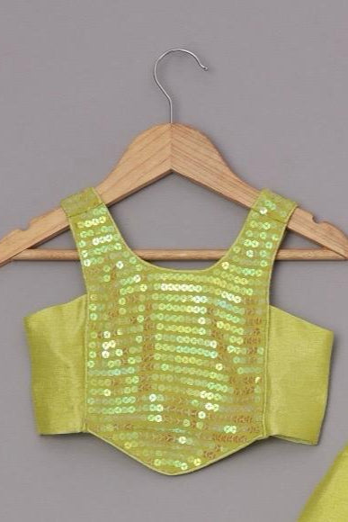 Sequins Embroidered Neon Yellow Top And Fabric Flowers Adorned Flap Lehenga