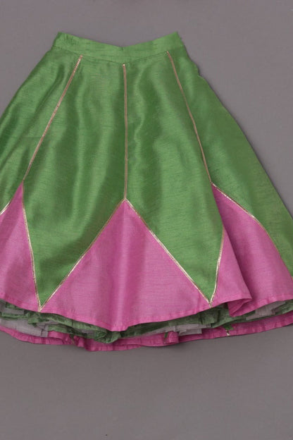 Green Dupion Silk Embroidered Thread Paneled Blouse Lehenga Set