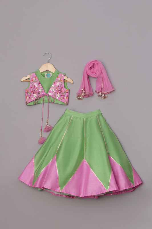 Green Dupion Silk Embroidered Thread Paneled Blouse Lehenga Set