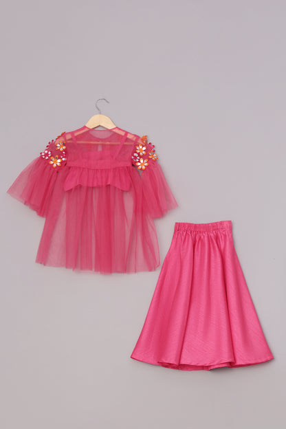 Hot Pink Embroidered Cape Set with Bustier & Sharara