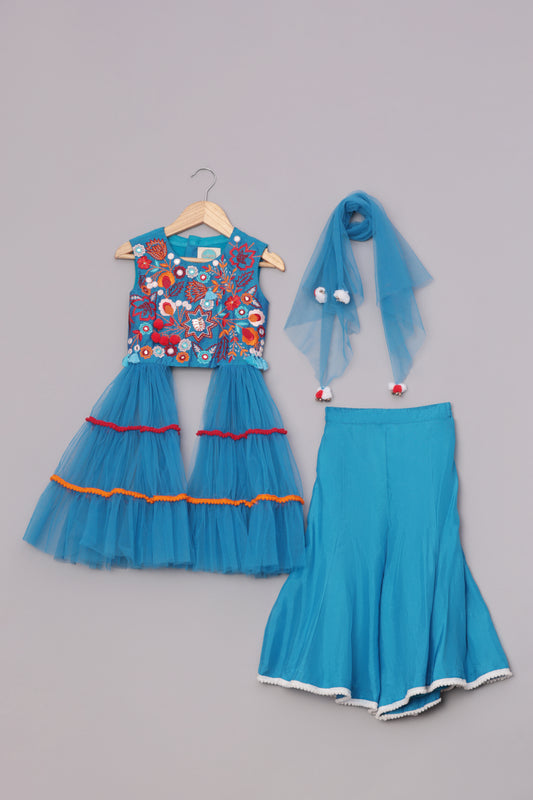 Cobalt blue embroidered Tunic, Sharara set