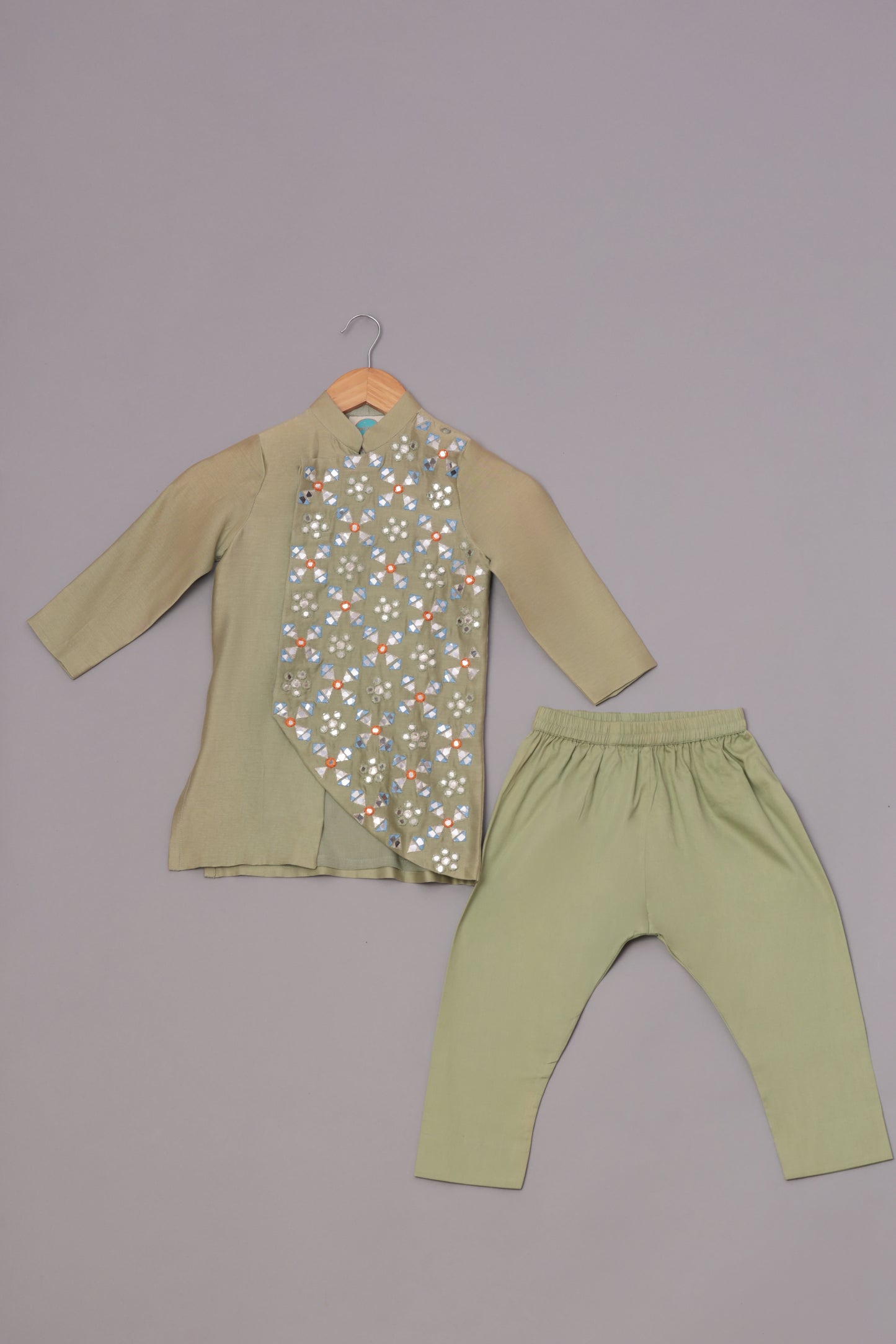 Sage Green Mirror Embroidered Kurta With Pyjama Set