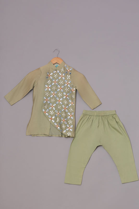 Sage Green Mirror Embroidered Kurta With Pyjama Set