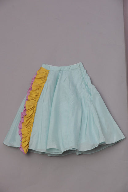 Multi-colored embroidered choli with attached dupatta with lehenga