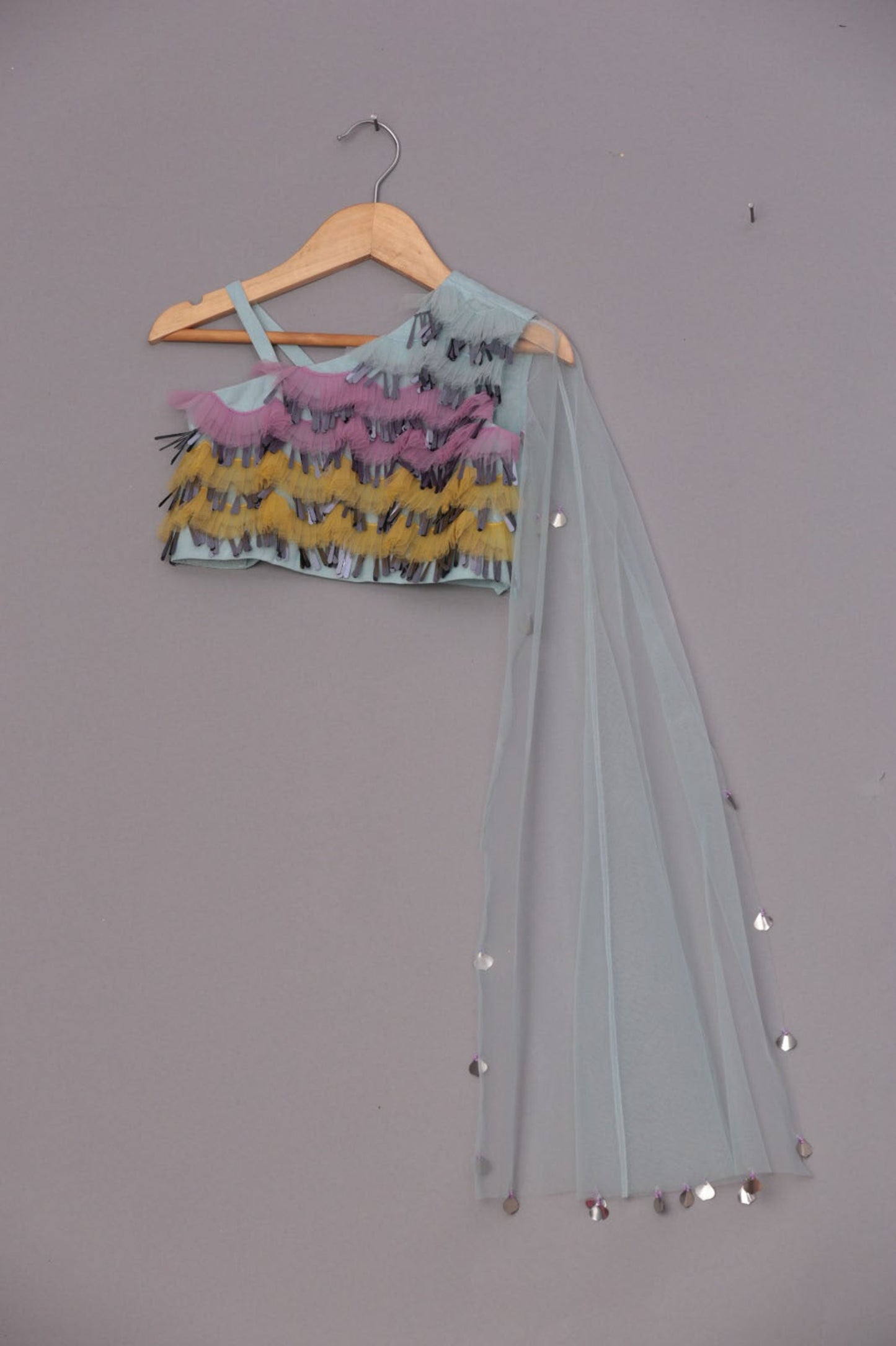 Multi-colored embroidered choli with attached dupatta with lehenga