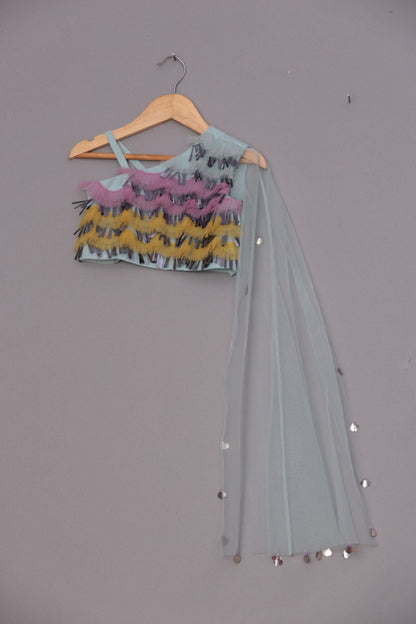Multi-colored embroidered choli with attached dupatta with lehenga