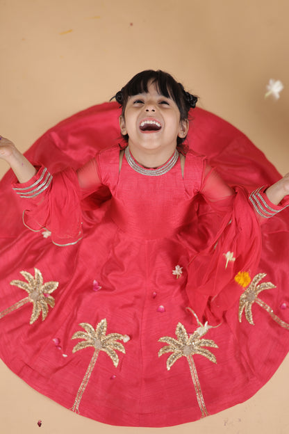 RED EMBROIRED ANARKALI PAIRED  WITH DUPATTA SET FOR GIRLS