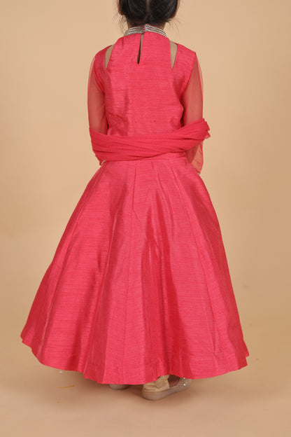 RED EMBROIRED ANARKALI PAIRED  WITH DUPATTA SET FOR GIRLS