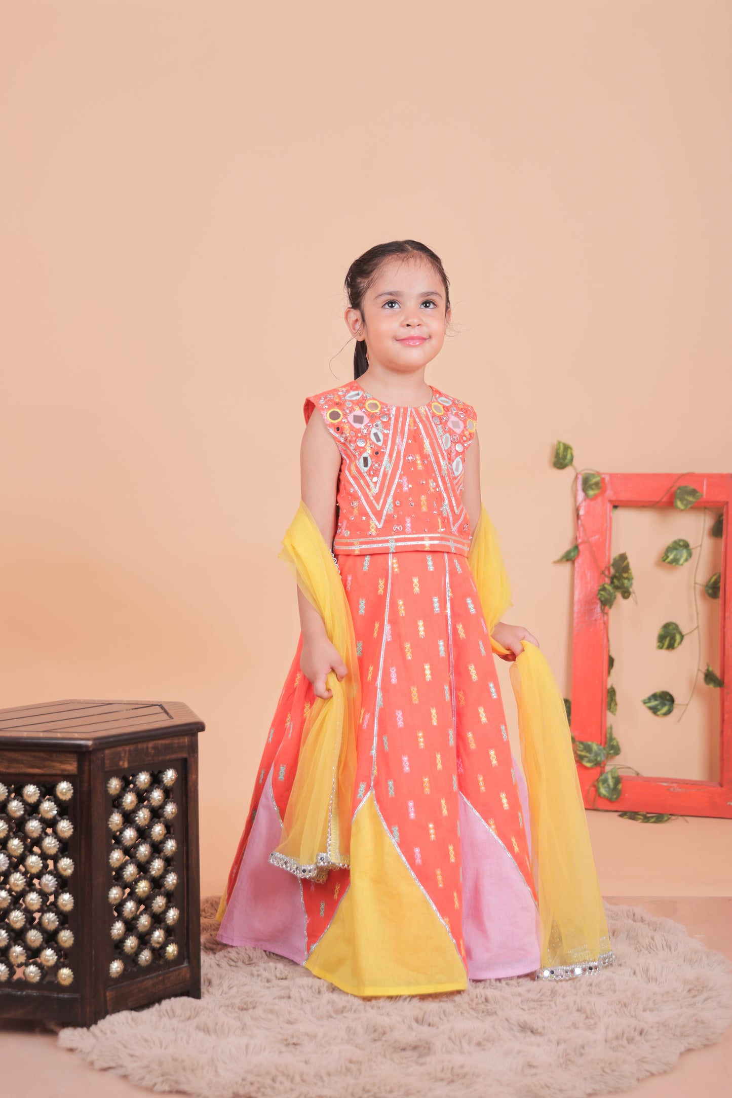 Multi-colored embroidered lehenga set with dupatta