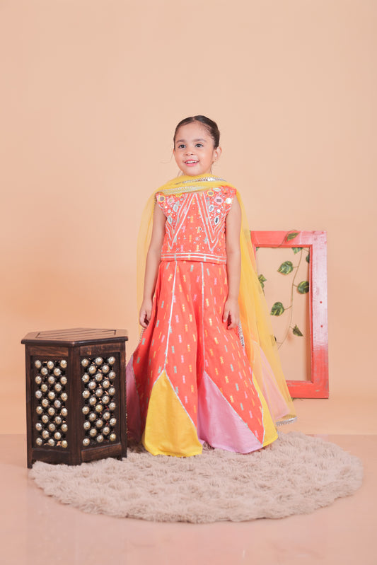 Multi-colored embroidered lehenga set with dupatta