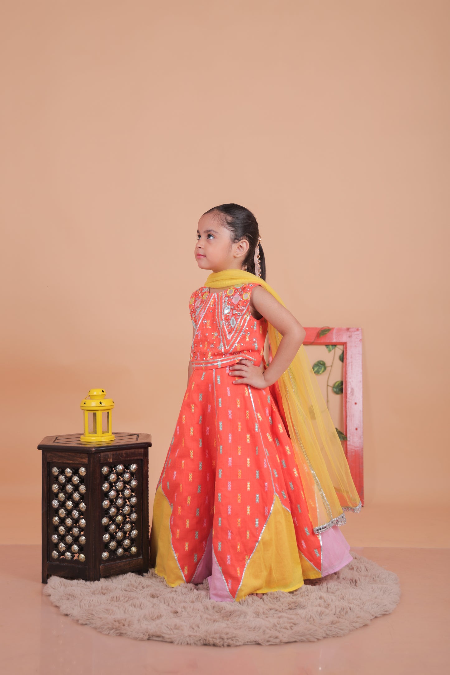 Multi-colored embroidered lehenga set with dupatta
