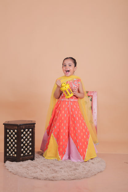 Multi-colored embroidered lehenga set with dupatta