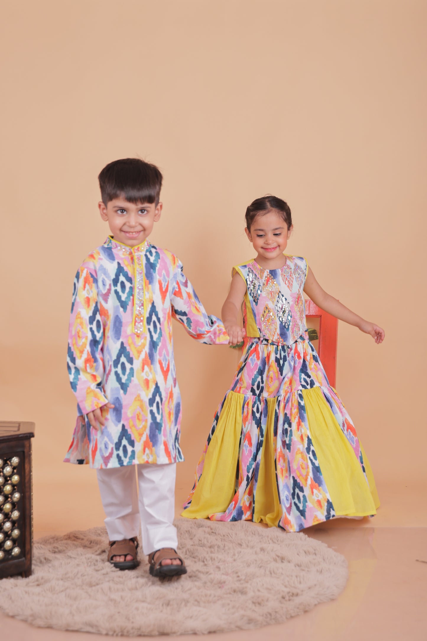 Multi-colored embellished kurta set for boys