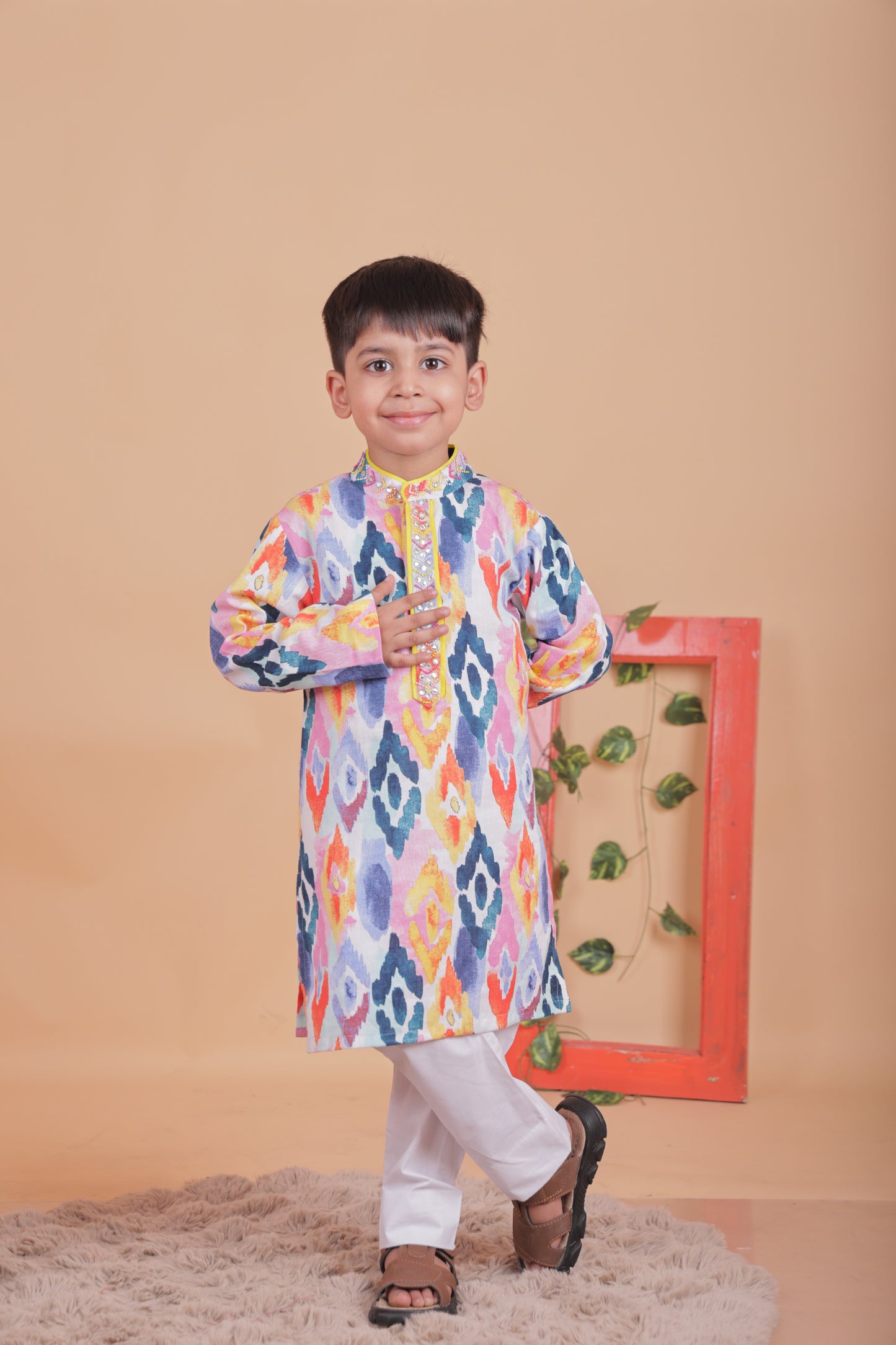 Multi-colored embellished kurta set for boys