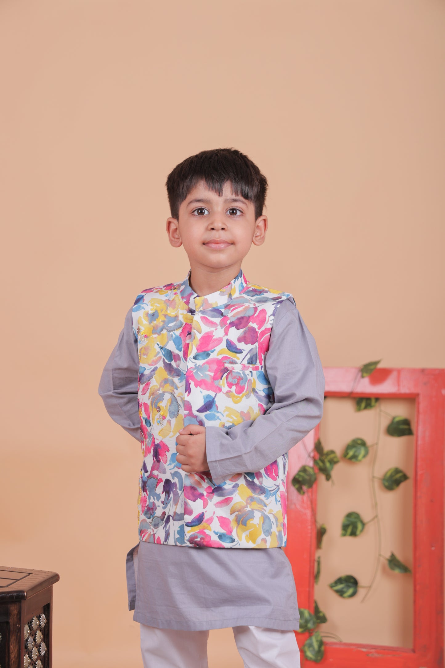 Multi-colored embroidered Nehru jacket with kurta and pant
