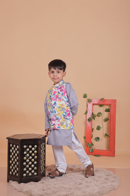 Multi-colored embroidered Nehru jacket with kurta and pant