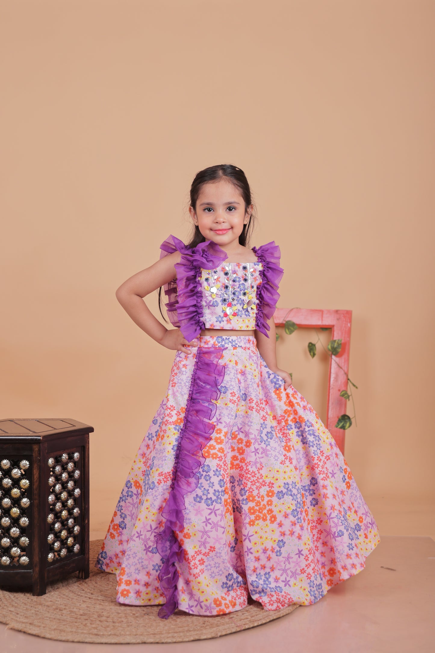 soft pastel multi-colored ruffle lehenga set